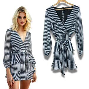 Striped Faux Wrap Chiffon Dress NWT Large
